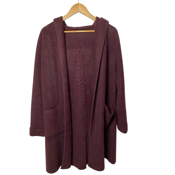 100% Angora Long Hooded Cardigan Sweater L Burgundy Plum Soft Cozy Braided Back - Picture 1 of 7